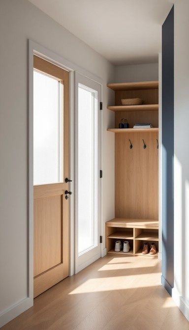 Ljus och välordnad hall med dörrar, sittbänk och skoförvaring